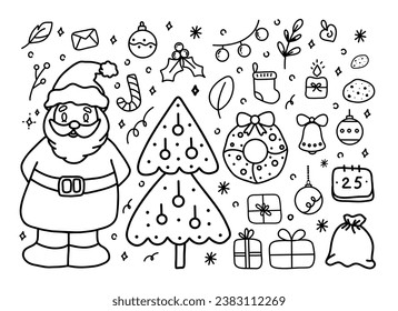 Set of cozy elements for Christmas. Vector elements in doodle style. Wreath, candle, Santa Claus, tree, candy cane, cookie, snowflake, bell, gift box.