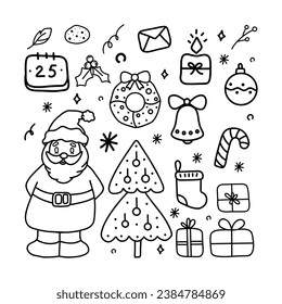 Set of cozy elements for Christmas. Vector elements in doodle style. Wreath, candle, Santa Claus, tree, candy cane, cookie, snowflake, bell, gift box.	