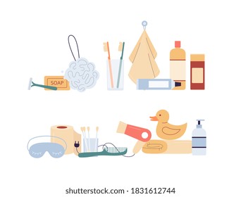 Conjunto de elementos acogedores para el cuidado corporal diario y la higiene personal en el baño doméstico. Ilustración vectorial de caricatura plana aislada en un fondo blanco