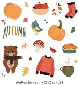 Set of cozy elements on an autumn theme on an isolated background. Flat vector.
