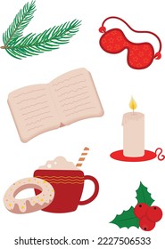 Set for a cozy evening, sleep mask, hot cocoa, coffee with donut, candle, book, on a white background. Cozy winter autumn illustration.Vector illustration.