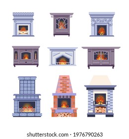set of cozy fireplaces. collection of cute brick and cast iron fireplaces is a vector illustration in a flat cartoon style. Climate control equipment for comfort in the house