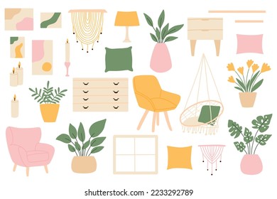 A set of cozy furniture. A collection of indoor plants, armchairs, paintings, bedside tables, pillows. Modern furniture to create cozy interiors.Vector illustration in flat style.