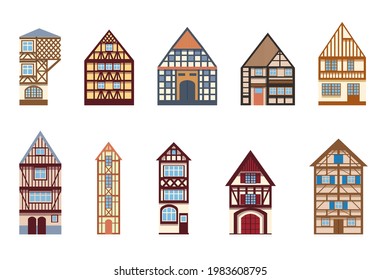 Acogedoras casas de entramado de madera aisladas en un fondo blanco Colección de antiguas casas alemanas y francesas Ilustración en un estilo de dibujos animados planos