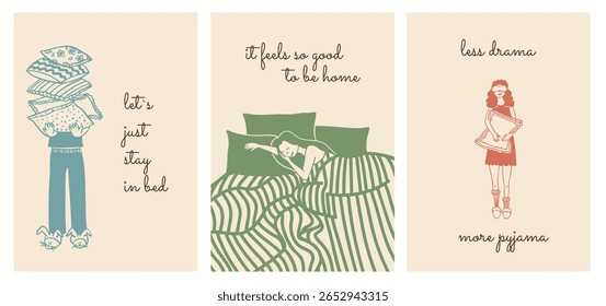 Set of cozy hand-drawn posters about sleep and home comfort with pajama girls and bedtime quotes