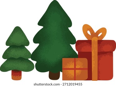 Conjunto de acogedoras cajas de regalo navideño en cálidos tonos naranjas con cinta y lazo. Ideal para ilustraciones de vacaciones, carteles y planificadores digitales.