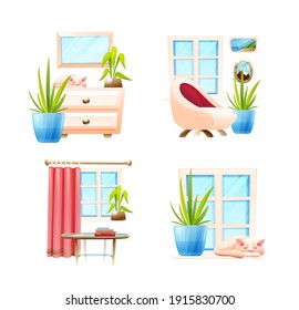 Set of cozy home compositions. Vector objects in cartoon style, isolated on white background