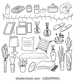 Set of cozy home decor elements. Scandinavian hygge style. Pillow, rug, reed diffuser, candle, indoor plants, plaid, slippers, picture frame, lamp, book. Black and white linear collection of doodle