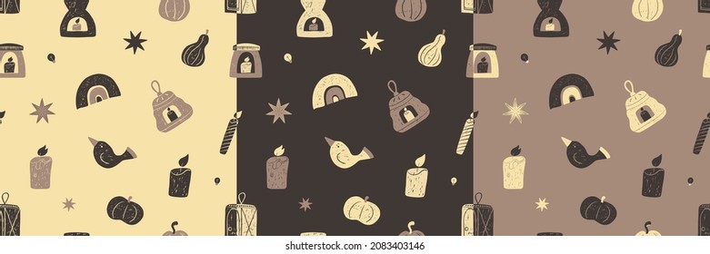 Set of cozy home seamless patterns. Interior decor elements. Yellow, black and brown background colour. Hygge, Scandinavian design, candles, decoration. Warm Autumn and Winter time. Stay at home day.