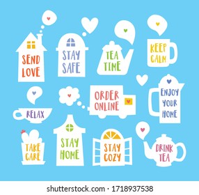 A set of cozy home silhouette icons on bright background with encouraging messages. Hand drawn colorful vector illustration.