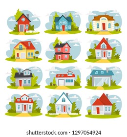 Set of cozy houses. City cottage buildings. Collection of apartment. Town architecture concept. Facade of apartment. Isolated flat vector illustration