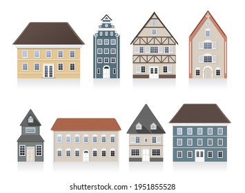 Set - cozy houses from small old streets. Silhouettes of buildings. Urban cityscape. Vector illustration.