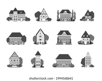 Set - cozy houses from small old streets. Silhouettes of buildings. Urban cityscape. Vector illustration.