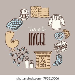 Set of cozy hygge elements, home interior details. Hand drawn vector illustration.Greeting card template.