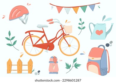 A set of cozy illustrations of a bicycle, helmet, watering can, backpack, thermos, fence.Family bike ride.Active grandparents ride tandem bike in park.
Family traveling on bike. World Bicycle Day.