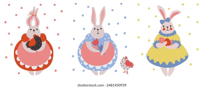 Set of cozy illustrations of hares in dresses. Cute chickens and eggs. Simple flat illustration for fairy tales and holidays. Delicate color scheme