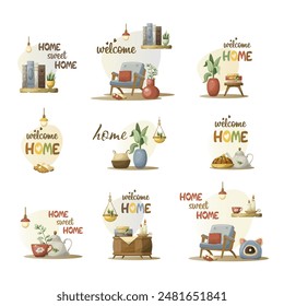 Set of cozy illustrations sweet home. Isolate on a white background. Vekor, hand drawing