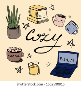 A set of cozy items for a good mood is made in vector graphics.