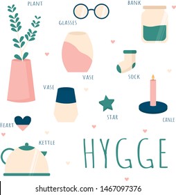 Set with cozy items in vintage colors. Scandinavian lifestyle, hugg. For a cozy autumn and winter. Collection of cute elements.