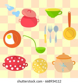 Set of Cozy Kitchen Utensil made in Flat Style and Placed on the Tiled Background. Vector EPS 10