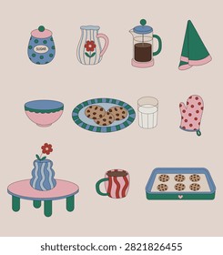 Set of cozy kitchenware and baking vector illustrations in a cute naive retro style. Collection includes french press, chocolate chip cookies, milk jug, baking tray, mug, oven mitt, and flower vase. Perfect for kitchen decor, recipe books, coffee shop menus, stickers, and blog design.