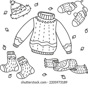 A set of cozy knitted warm clothes. Autumn pastime, coloring page. Vector illustration hand-drawn outline on a white background.