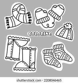 A set of cozy knitted warm clothes. coloring page. Vector illustration hand-drawn outline on a white background.