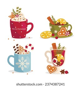 Set of cozy mugs with hot drinks. Winter time. Christmas drink. Vector graphic.
