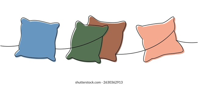 Set of cozy pillows one line colored continuous drawing. Orthopedic pillows. Vector illustration.