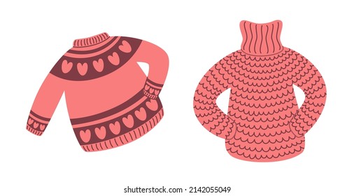 Set of cozy pink knitted sweateres. Warm clothing isolated on white background. Flat vector cartoon illustration, clipart.