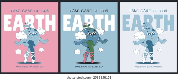 Set of cozy posters for Earth or World Environment Day. Zero waste, recycle, save Earth, less plastic concepts. Retro 70s cards with cartoon Earth characters. Monochrome palette