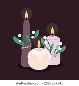 Set of cozy purple and pink candles with mistletoe. Illustration in flat style.
