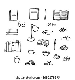 Set of cozy reading, books, glasses, lamp, cups with drinks and cookies, vector illustration, hand drawing