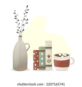 para una lectura acogedora. libros y dulces, una taza con té o café aromáticos