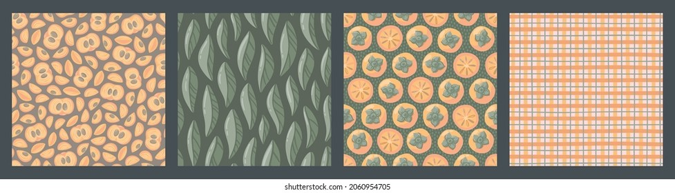 Set of cozy seamless patterns with persimmons. Trendy vector print design. Autumn illustration with fruit, branches, leaves. Seasonal decorative artwork.