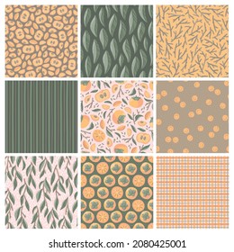 Set of cozy seamless patterns with persimmons. Trendy vector print design. Autumn illustration with fruit, branches, leaves. Seasonal decorative artwork.