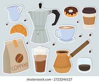 Set of cozy stickers with coffee elements. Cezve pot, espresso, moka pot, cup, latte glass, coffee beans, croissant, donut, bag and takeaway cup.