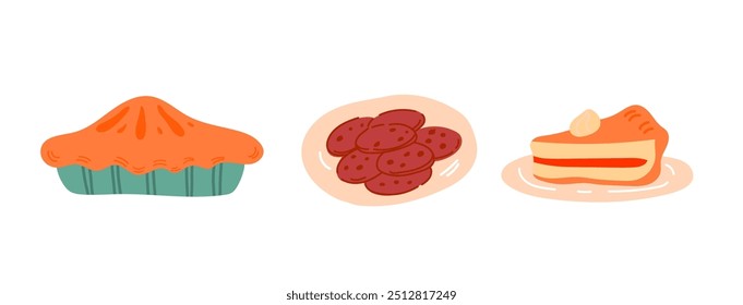 Set of cozy stickers with pumpkin pie and chocolate cookies on a plate. Vector autumn food isolated on a white background