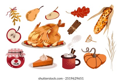 Conjunto de artículos y platos acogedores de Acción de Gracias. Pavo, manzanas, calabazas, tartas. Clipart de otoño, Vector aislado sobre un fondo blanco. 