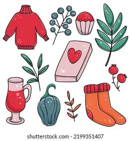 Set of cozy things for cold season. Bundle of elements for autumn or winter. Knitted sweater, socks, hot drink, cupcake, book, leaves and berries. Clipart hand drawn items vector illustration