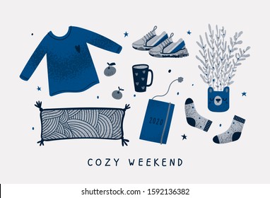 Set of cozy things and home decorations isolated on light background - pillow, diary, sweater with heart, flowers. Ready for cozy weekend and holidays. Vector cosiness illustration in blue color