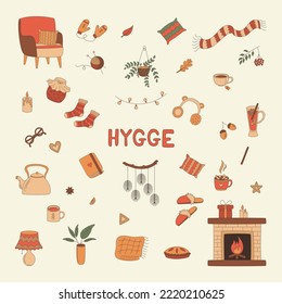 Set of cozy things. Hygge. An armchair, a fireplace, warm clothes, hot drinks, a pie, autumn leaves and more. Flat vector illustration in the style of a doodle.