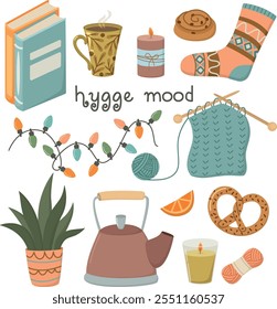 Set of cozy things with hygge mood. Cute collection of of homely items