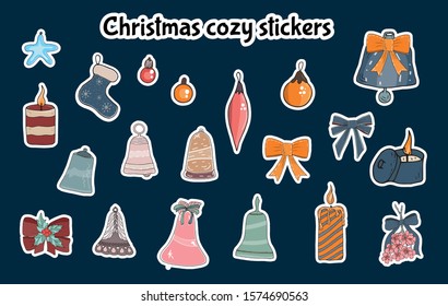 Set cozy vector illustration stickers with Christmas elements - bells, candles, bows, balls, mistletoe. Isolated on a dark background. Hand drawing.