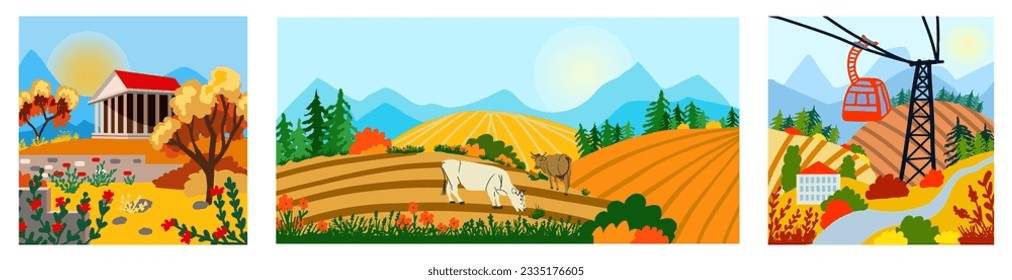 Set of cozy vector illustrations of autumn landscapes in the mountains. Ancient Greek pagan temple, on the background of autumn mountains, cute cows and a funicular hand drawn flat style.