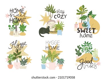 Conjunto de acogedoras ilustraciones vectoriales con decoraciones de la casa. Plantas de casa en ollas, gatos, dulces y acogedoras letras de casa. Hygge, estilo de vida escandinavo, jungla urbana, simples ilustraciones, letra manuscrita. 