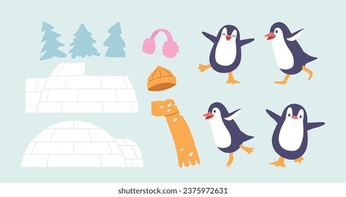Set of Cozy Warm Clothes, Hat, Scarf and Earmuffs, Cute Penguins Characters, Spruces and Igloo or Ice House and Building