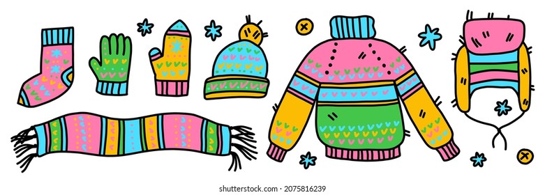 Set of cozy warm clothes. Vector illustration for winter decor