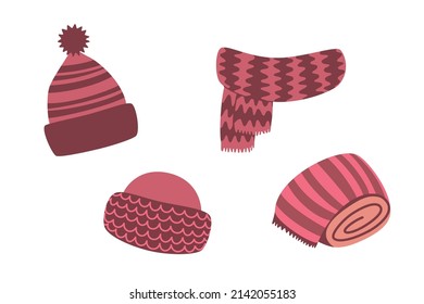 Set of cozy warm hats  and scarfs. Cute warm clothing isolated on white background. Flat vector cartoon illustration, clipart.