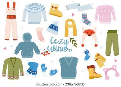 Set of cozy warm winter clothes and accessories, stay warm concept, vector